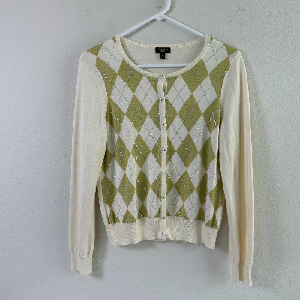 Talbots‎ Cardigan Sweater Women PM Cream Green Argyle Sequin Petite Medium